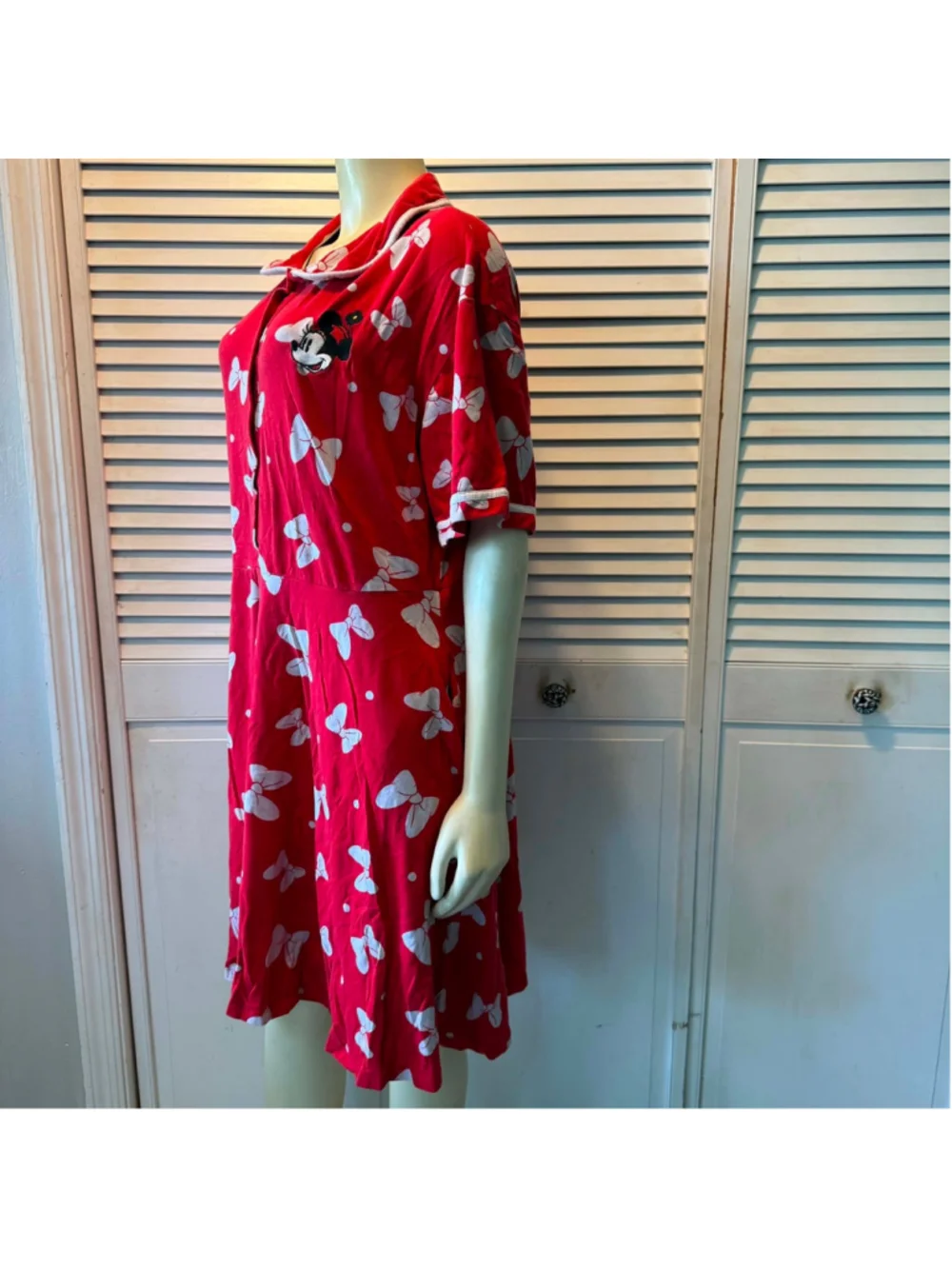 Disney Minnie Mouse Bow Print Women Pajama Dress Red White Size 1X